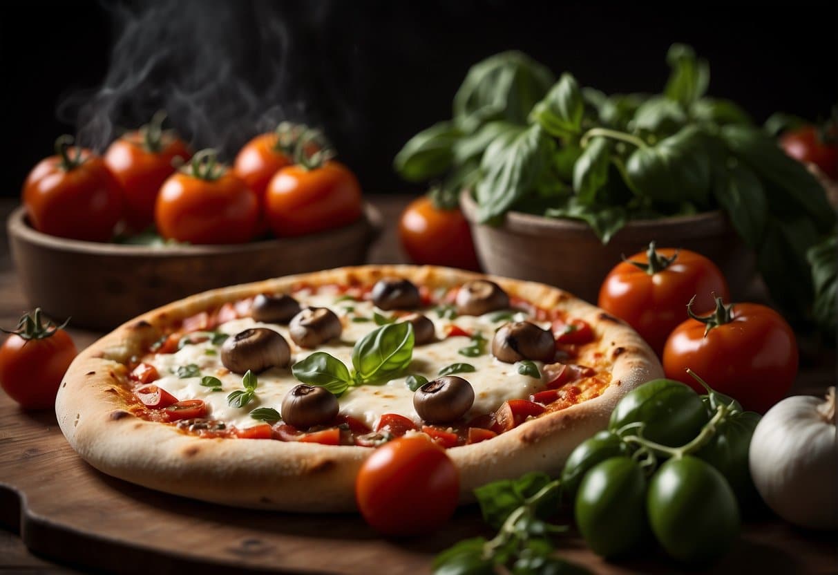 A table with fresh ingredients: tomatoes, basil, mozzarella, pepperoni, and mushrooms. A pizza oven in the background