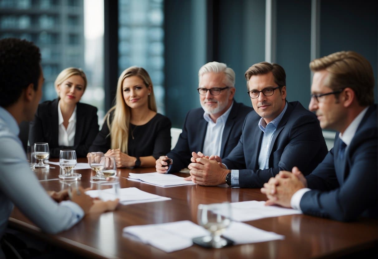 A boardroom with a long table, chairs, and a whiteboard. Papers and notebooks scattered around. A professional atmosphere with natural light