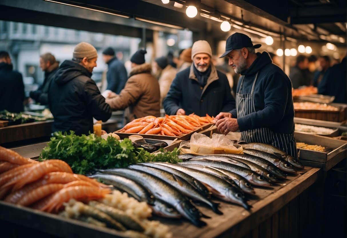 Selection of the best fishmongers in Copenhagen. Busy market stalls, colorful displays of fresh seafood, customers chatting with vendors