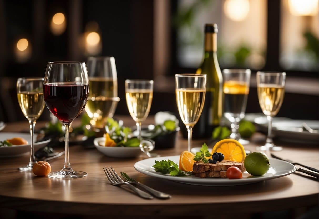 A table set with various drinks, including wine, cocktails, and water, alongside a beautifully arranged meal. The setting is warm and inviting, with soft lighting and elegant tableware