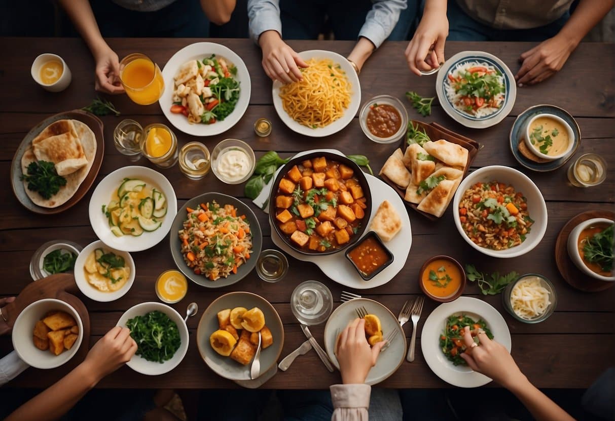 A table set with various dishes from different cuisines, surrounded by people engaged in lively conversation and laughter