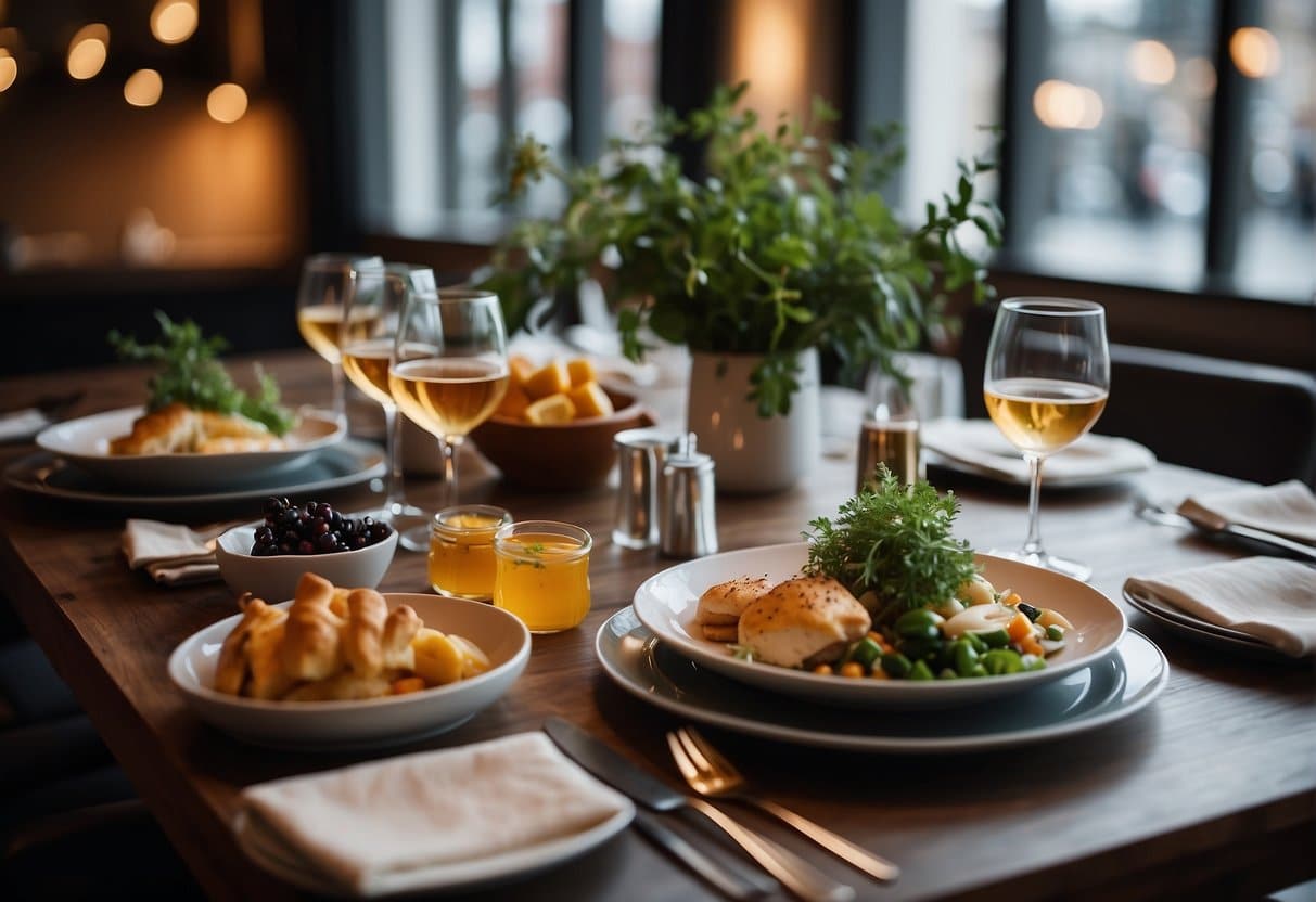 A bustling dining room filled with people enjoying a communal meal in a trendy Copenhagen restaurant. Vibrant decor and a lively atmosphere create the perfect setting for social dining