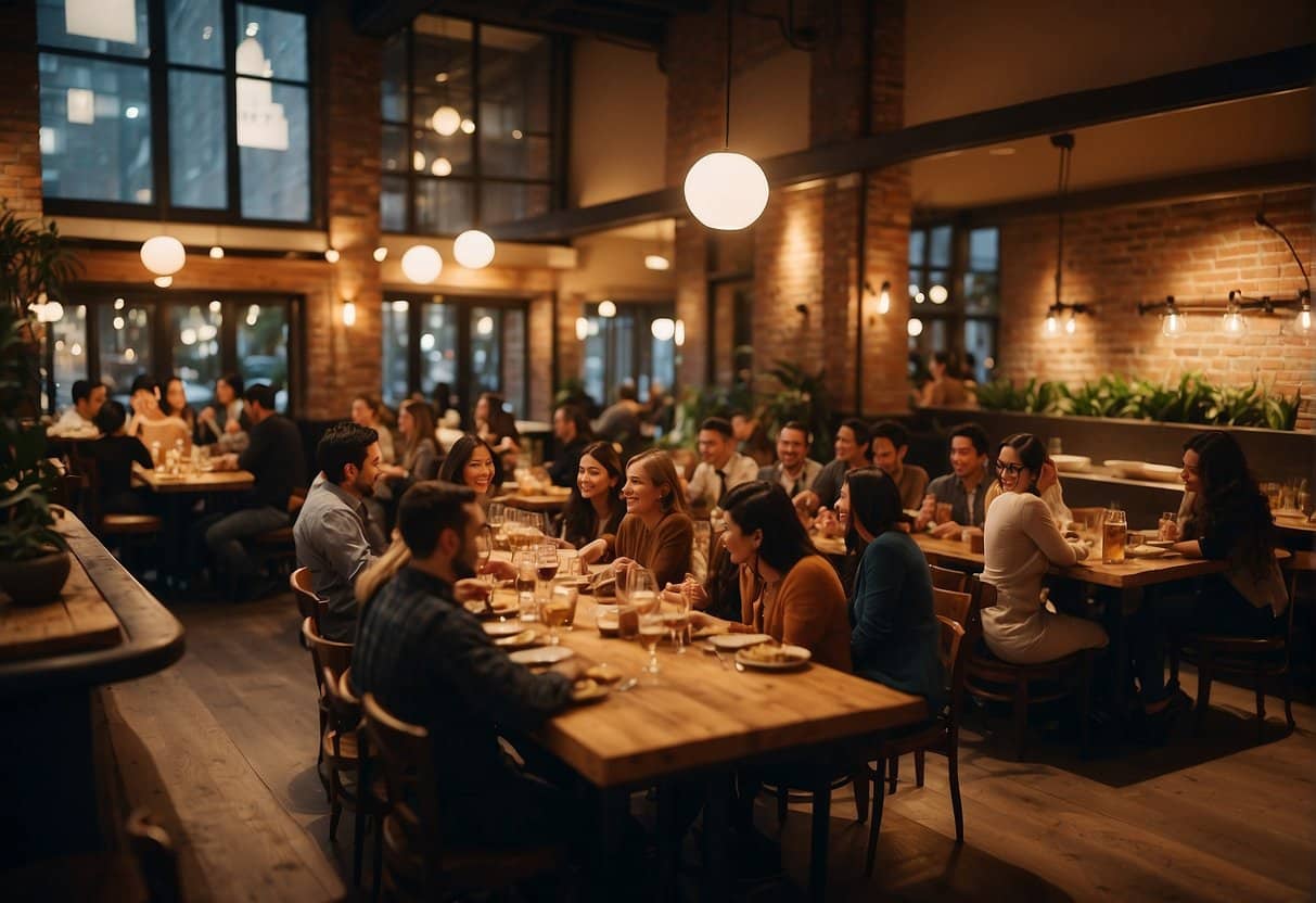 A bustling restaurant with long communal tables, filled with people enjoying a variety of dishes and engaging in lively conversations. Warm lighting and a cozy atmosphere create a welcoming social dining experience