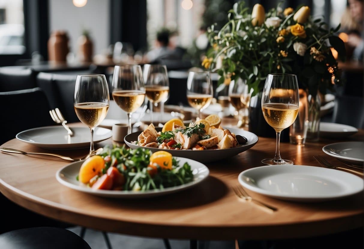 A table set with a variety of gourmet dishes and drinks, surrounded by happy diners in a cozy and stylish dining space in Copenhagen