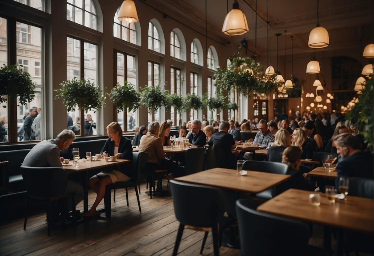 A bustling restaurant with elegant decor and a lively atmosphere in Copenhagen. Tables are filled with people enjoying delicious food and engaging in conversation