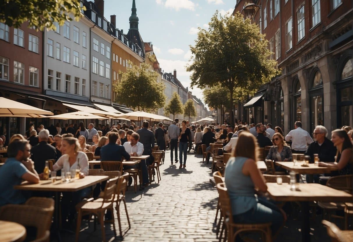 A bustling Copenhagen street filled with outdoor dining tables, people chatting and enjoying food, with a mix of modern and historic architecture in the background