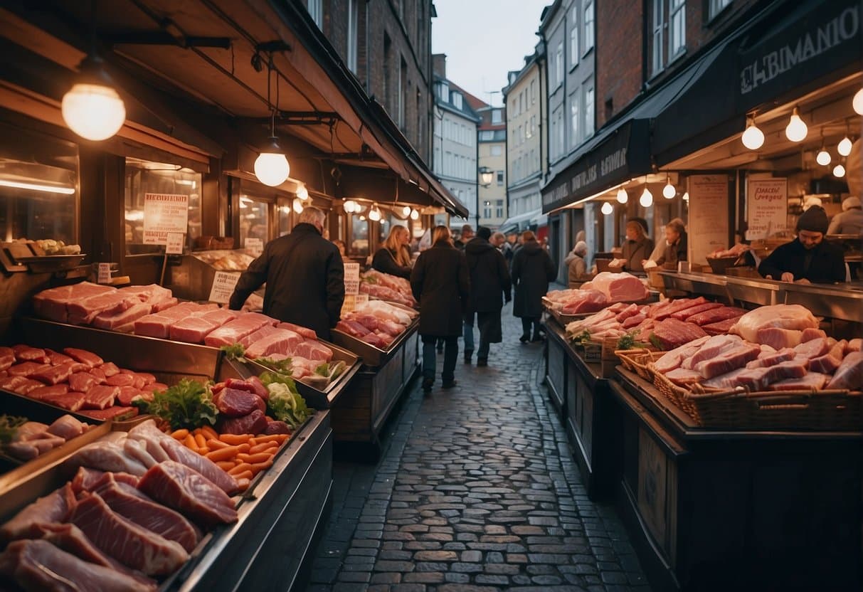 A bustling market with colorful displays of fresh meat and enticing signs advertising the best butcher shops in Copenhagen