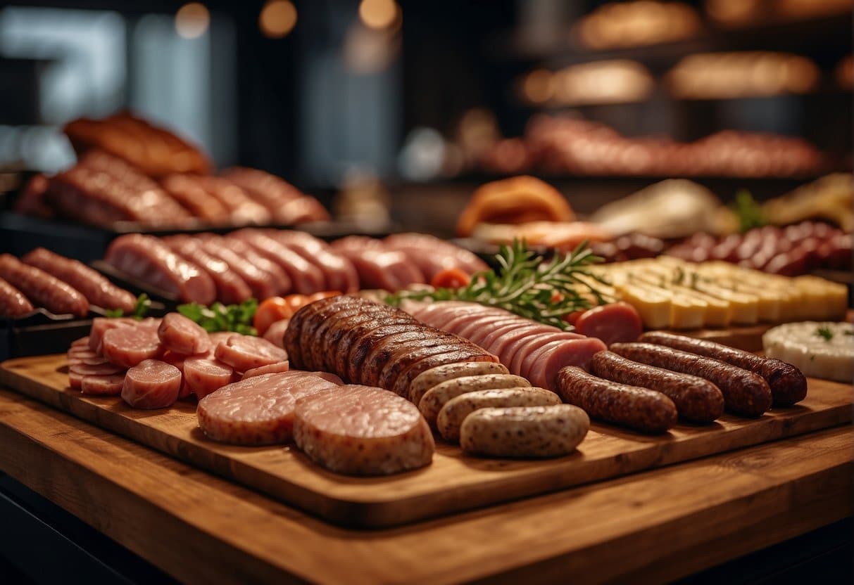 A display of various meats and sausages arranged neatly on wooden boards at the Best Butchers in Copenhagen