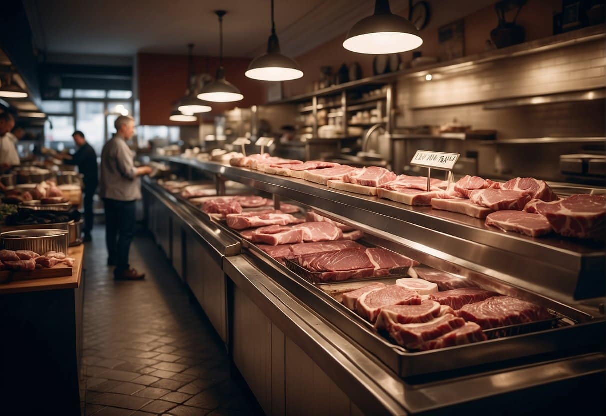 A bustling butcher shop in Copenhagen, filled with rows of expertly cut meats and a display of quality products