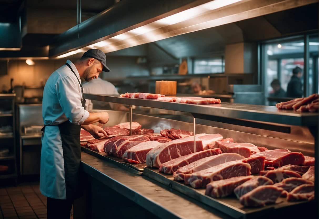 A bustling market with various butcher stalls in Copenhagen, showcasing an array of high-quality meats and cuts. A diverse crowd browses the offerings, while vendors proudly display their products