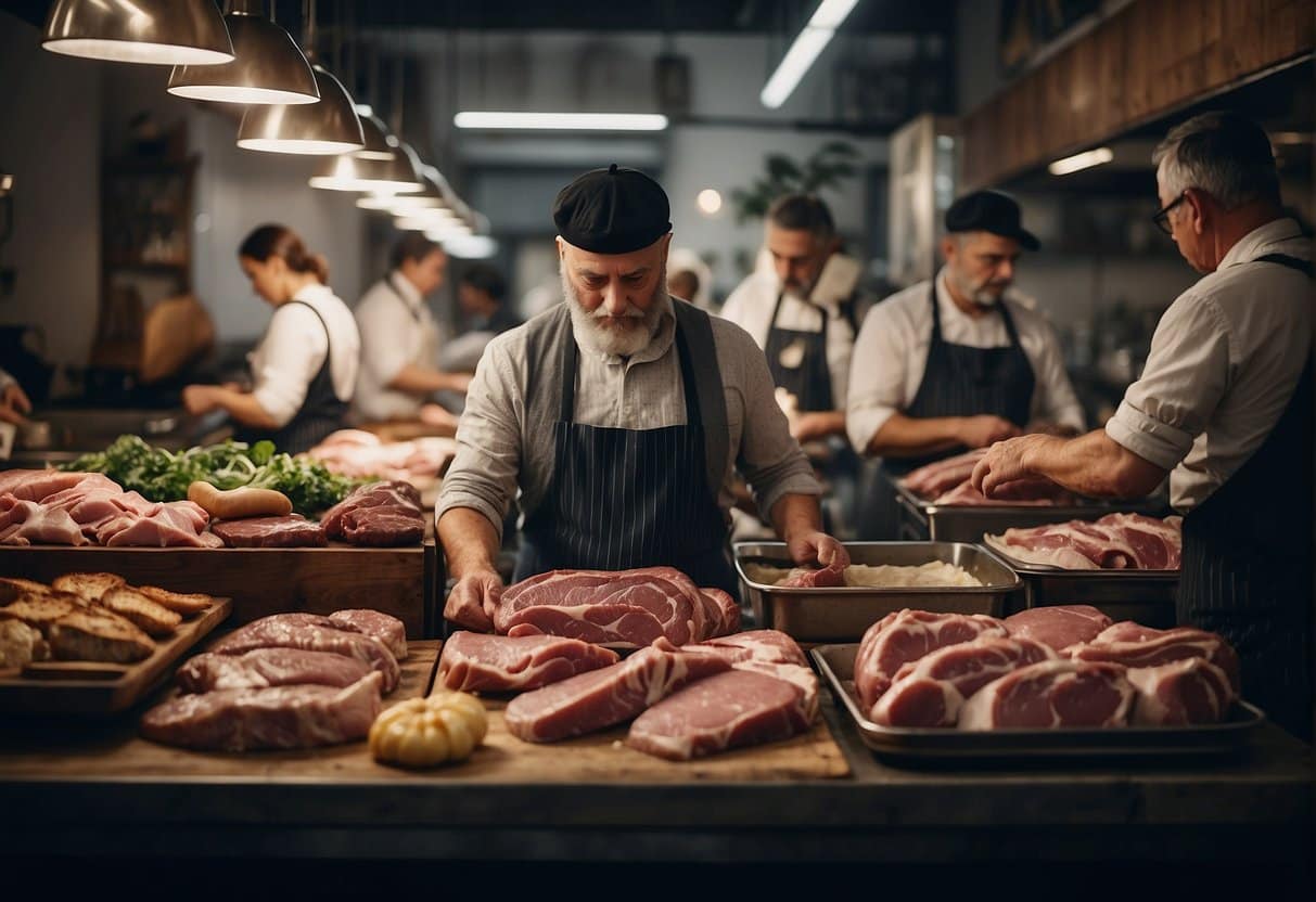 A busy butcher shop in Copenhagen with customers receiving excellent service