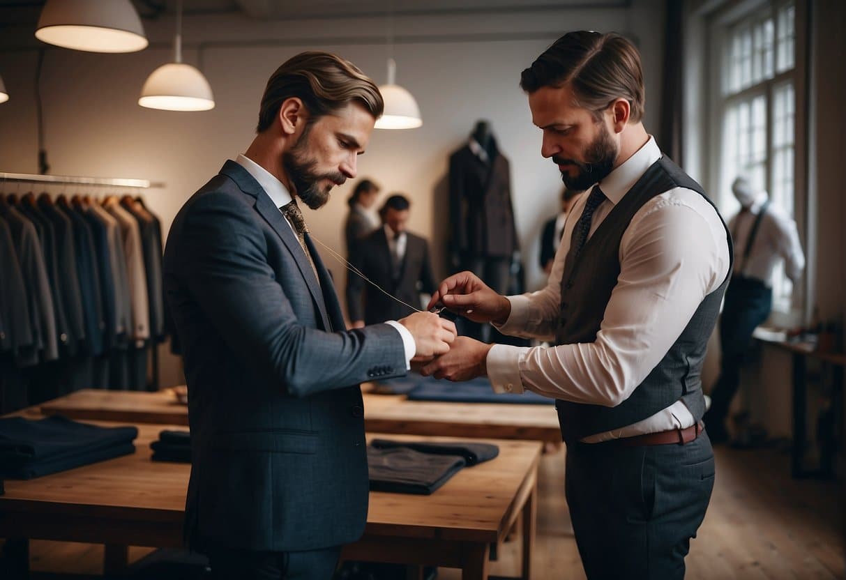 A tailor measuring a man for a custom suit in a stylish Copenhagen atelier