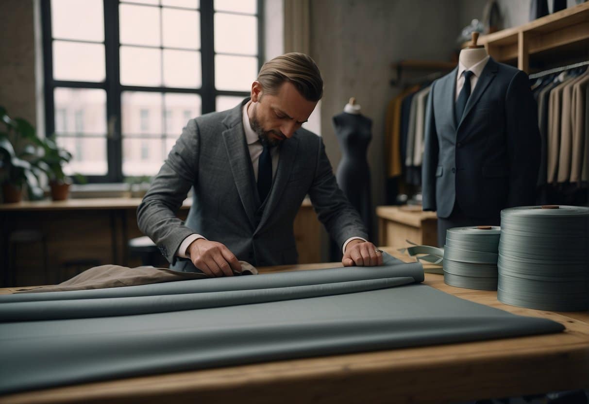 A tailor in Copenhagen carefully measures and cuts luxurious fabrics for a custom-made suit. The room is filled with rolls of fine materials and the sound of scissors slicing through the air