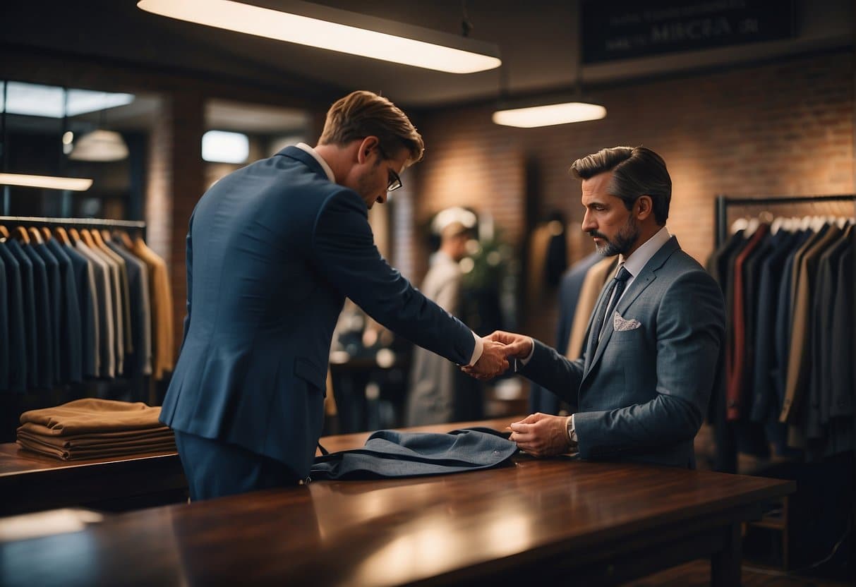 A tailor measures a suit customer in a Copenhagen shop