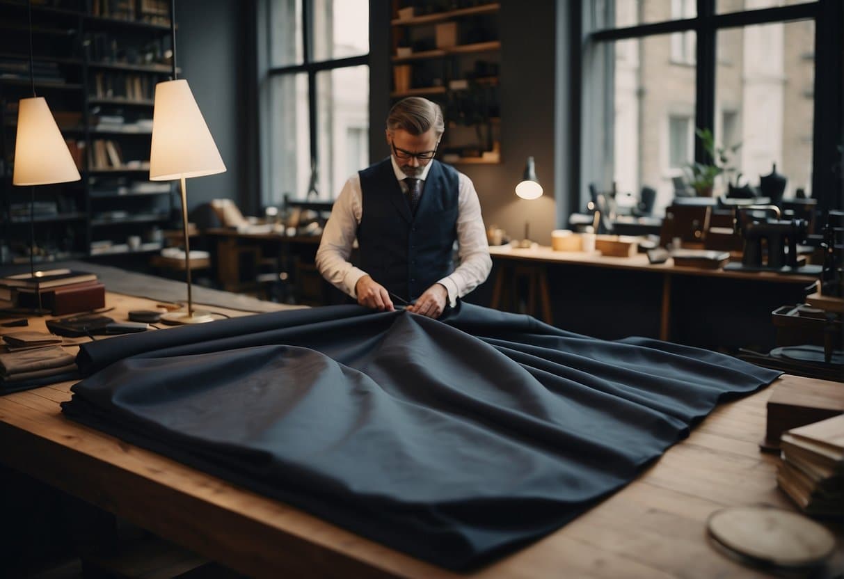 A tailor carefully measures fabric for a custom suit in a cozy Copenhagen atelier