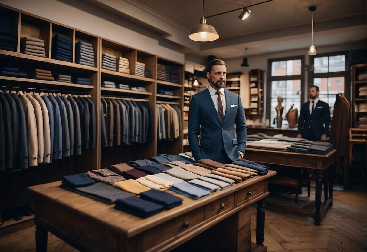 A tailor's shop in Copenhagen with rows of custom suits, measuring tape, and fabric swatches displayed on the walls