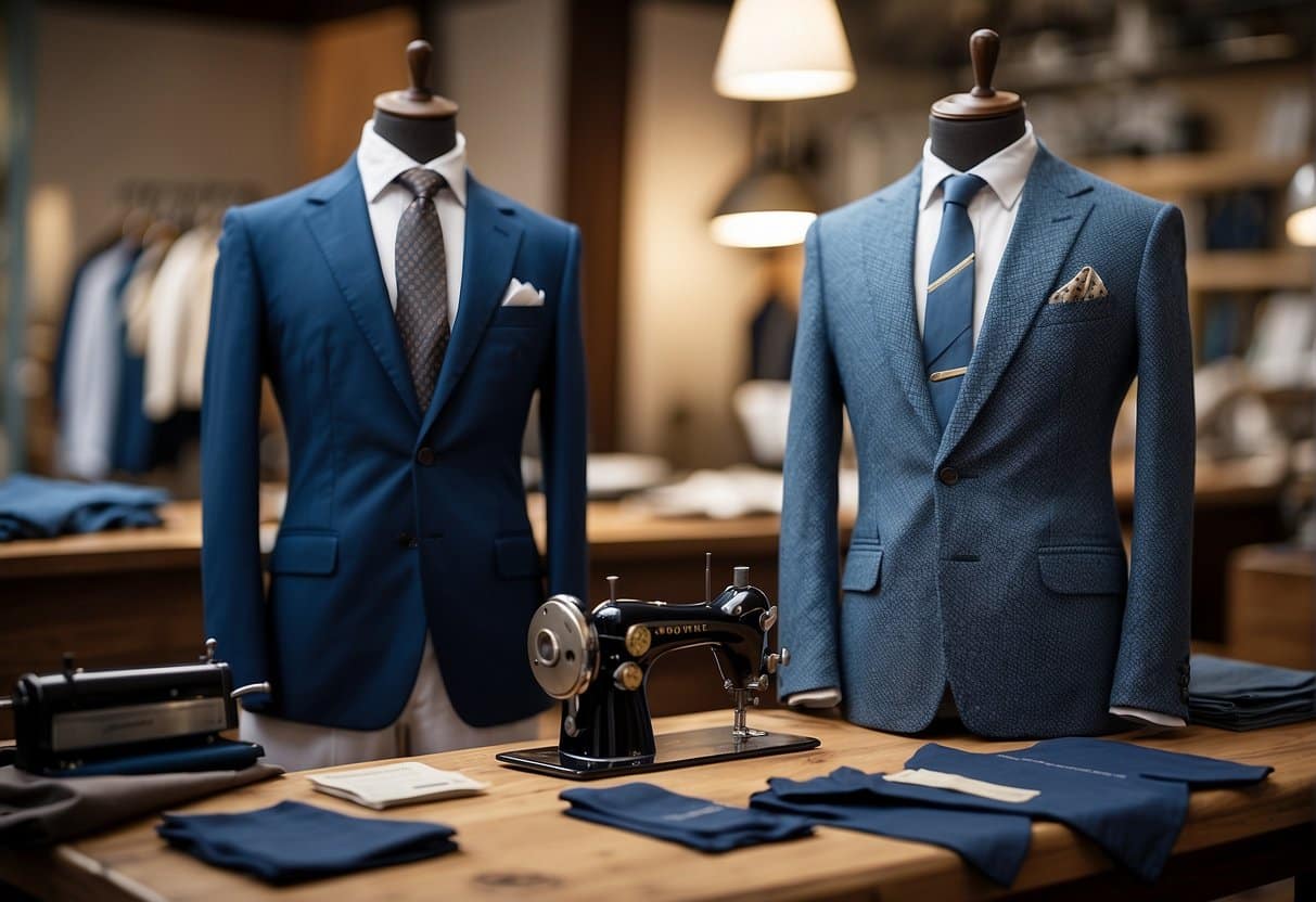 A tailor's workshop with fabric swatches, measuring tape, and a sewing machine. Displayed finished bespoke suits on mannequins