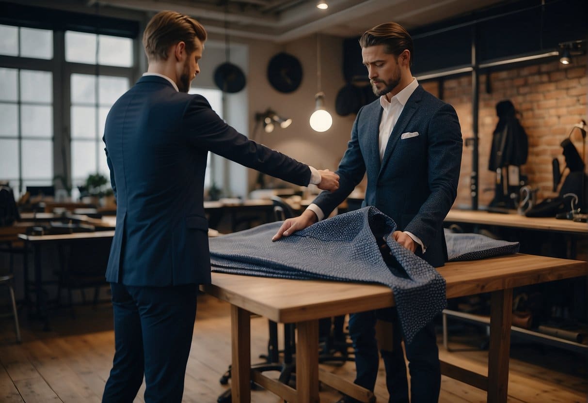 A tailor measuring a suit jacket on a mannequin with precision tools in a stylish Copenhagen atelier