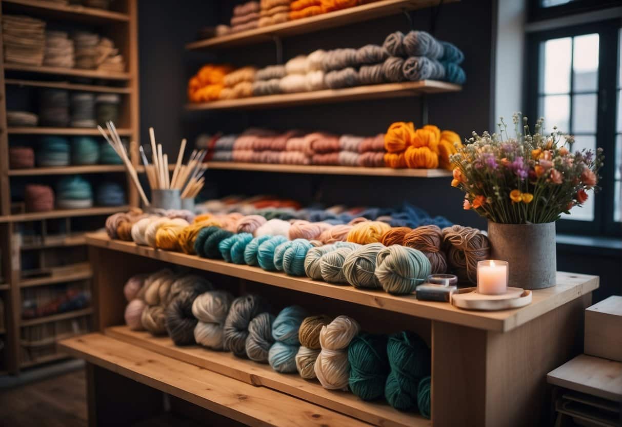 A well-lit, organized workspace with colorful yarn, knitting needles, crochet hooks, and various tools neatly displayed in a cozy Copenhagen yarn shop