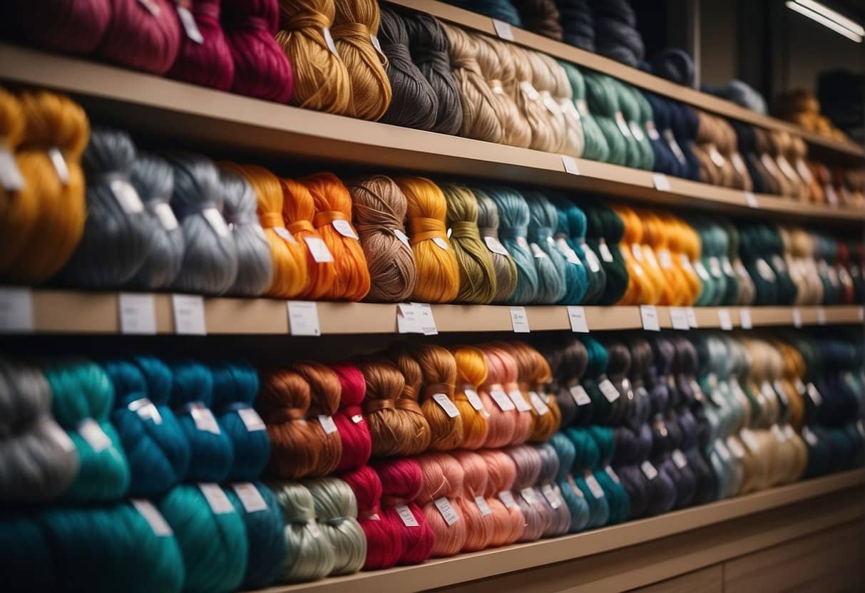 A cozy yarn shop in Copenhagen with shelves of colorful yarn, knitting needles, and pattern books. Soft lighting and comfortable seating invite customers to linger and browse