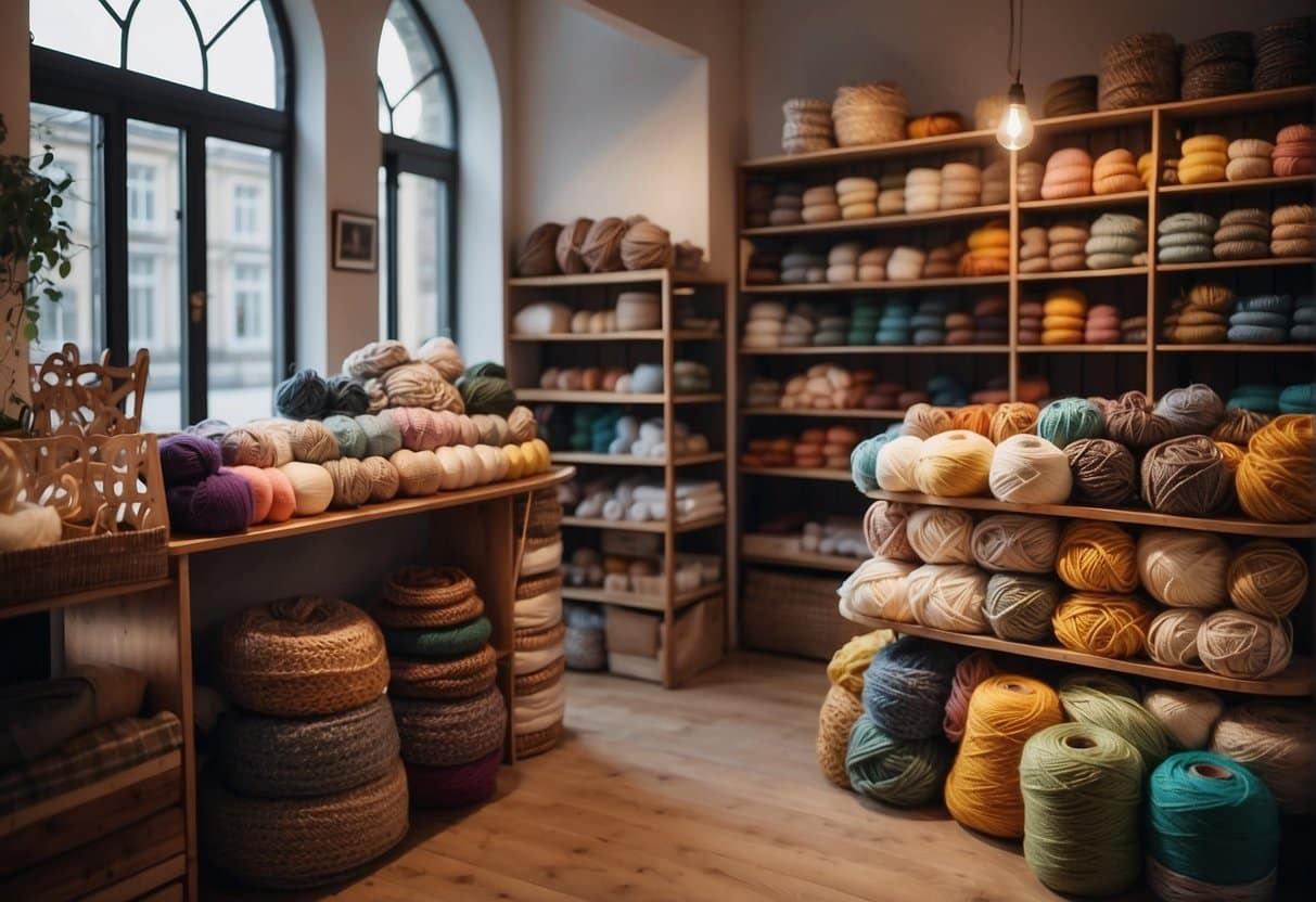 A cozy yarn shop in Copenhagen with shelves filled with colorful yarn and knitting supplies, soft lighting, and comfortable seating areas