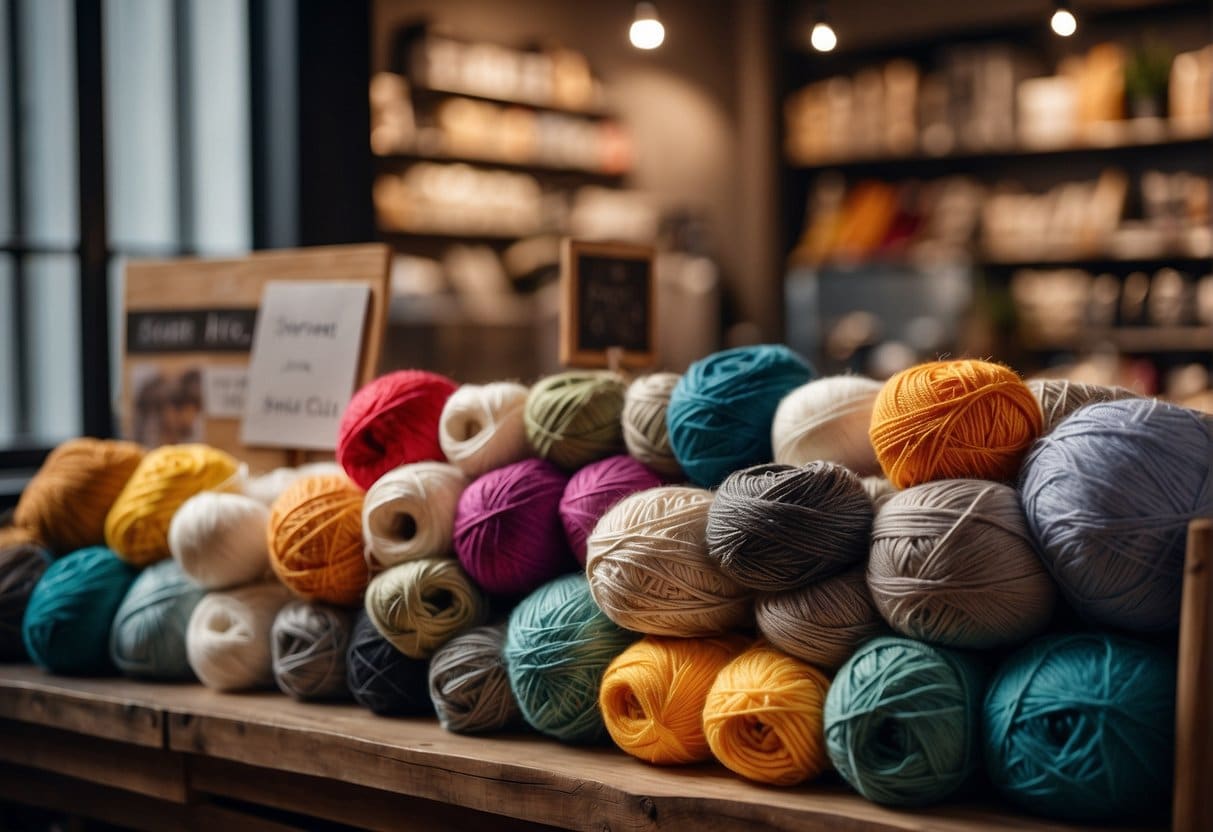 A colorful display of yarn and knitting supplies in a cozy Copenhagen shop, with signs advertising special offers and promotions