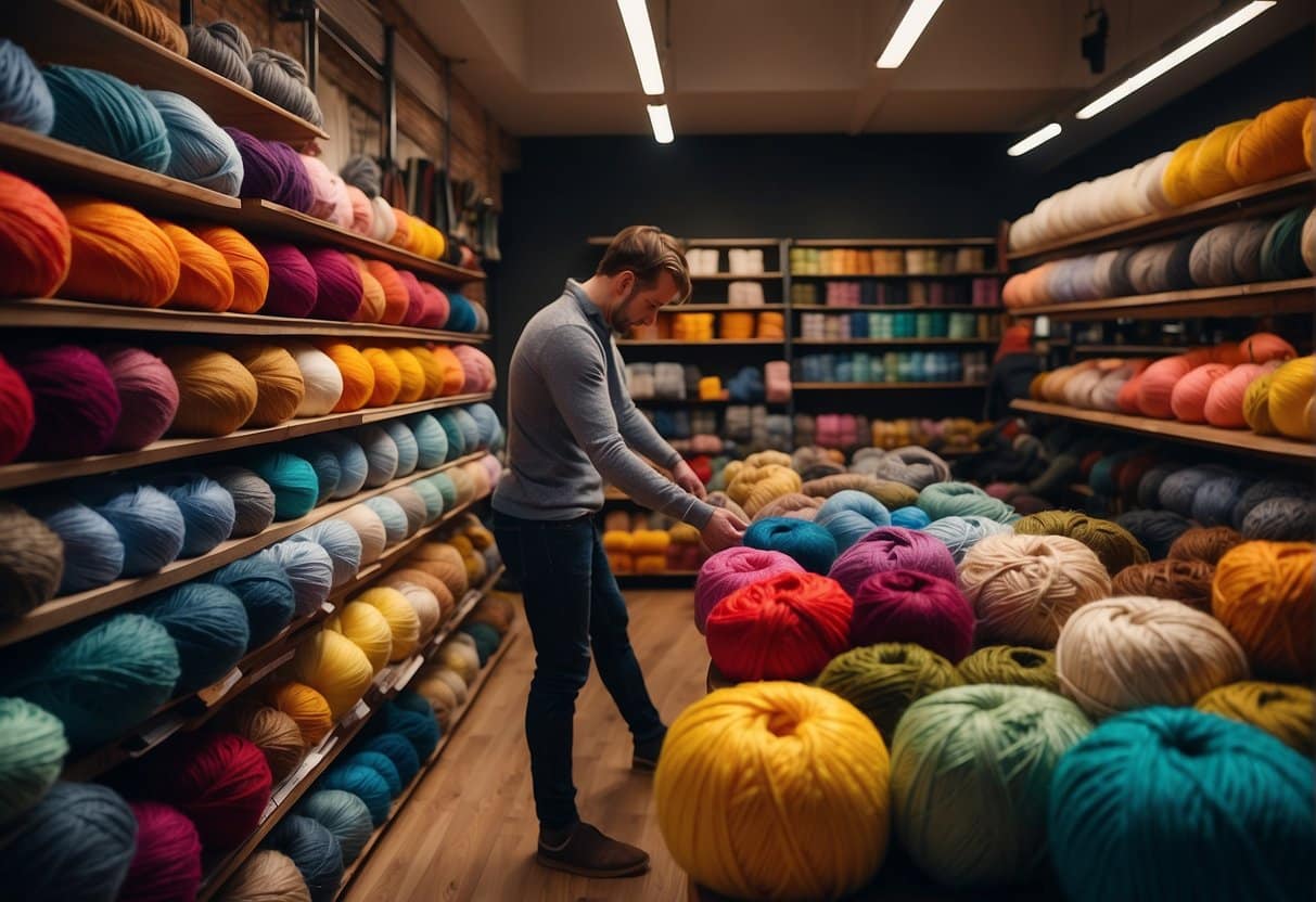 Customers browsing colorful yarn displays in cozy Copenhagen yarn shops. Shelves lined with skeins of wool and cotton, creating a warm and inviting atmosphere