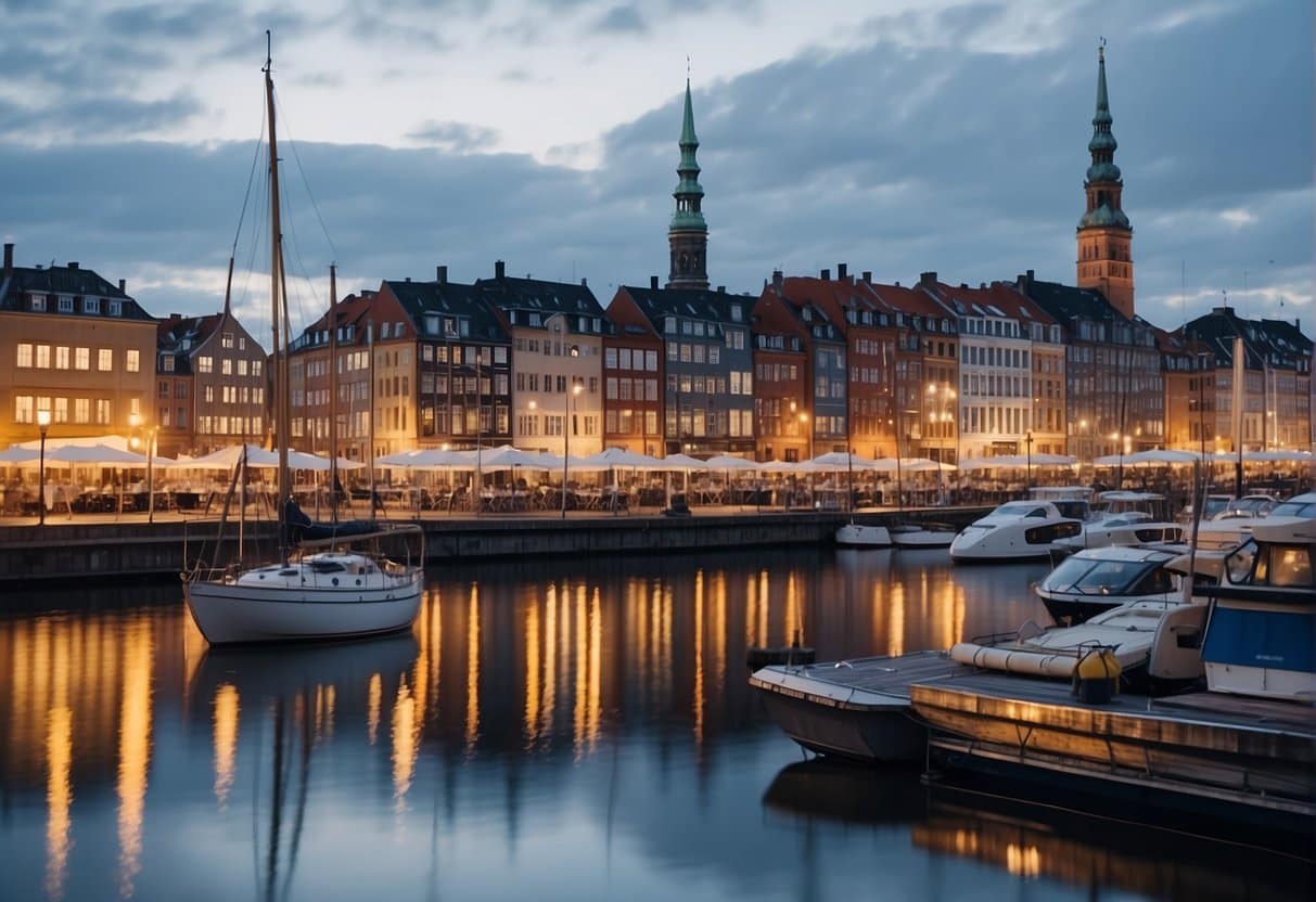 A cityscape of Copenhagen with prominent VVS (plumbing) businesses and their prices displayed