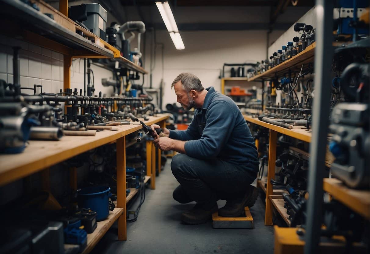 A busy workshop with pipes, tools, and equipment. A plumber working on installations in a Copenhagen building