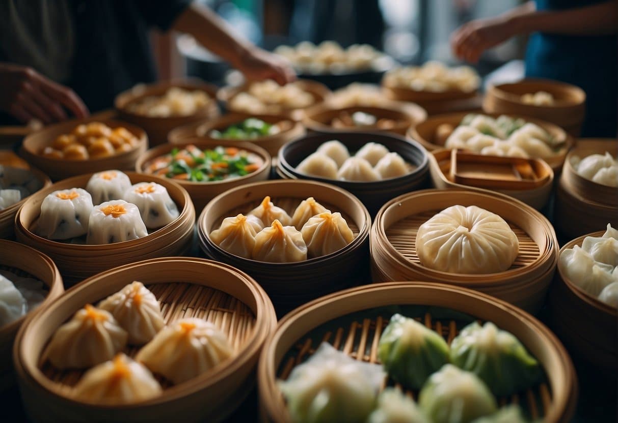 A table set with an assortment of steaming dim sum dishes, surrounded by bamboo steamers and traditional Chinese tea set