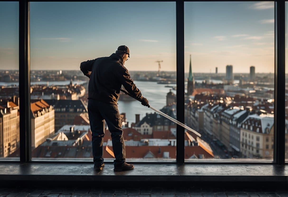 A window cleaner in Copenhagen, using a squeegee, wipes streaks from a large, gleaming window, with the city skyline in the background