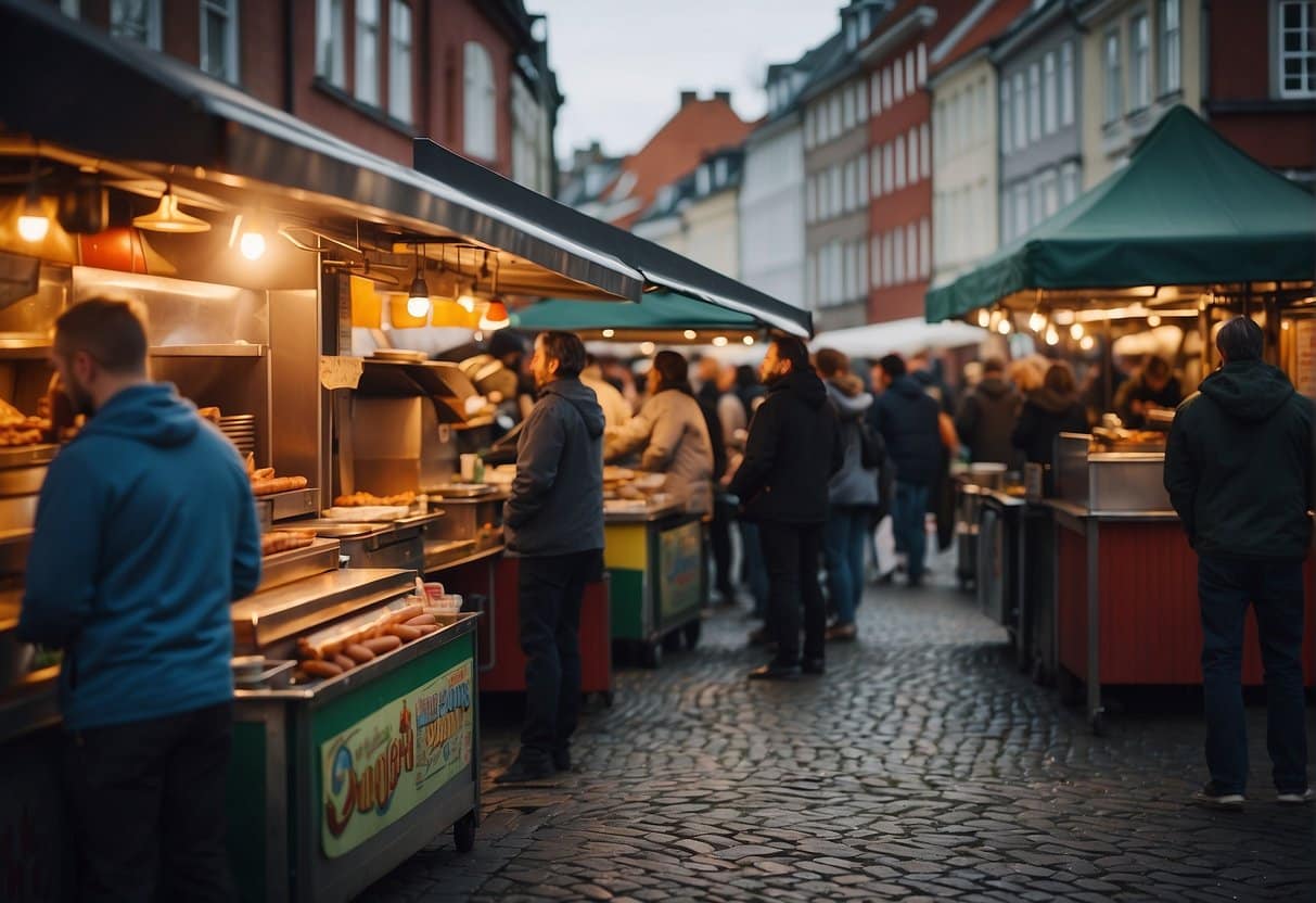 A bustling street in Copenhagen, with colorful food carts serving hot dogs. Customers line up, while vendors grill sausages and prepare toppings