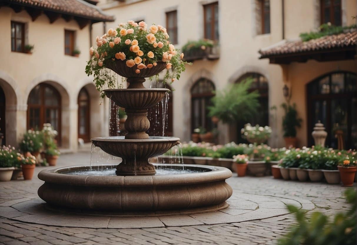 A serene courtyard with blooming flowers and a bubbling fountain, surrounded by cozy buildings with large windows and a welcoming atmosphere