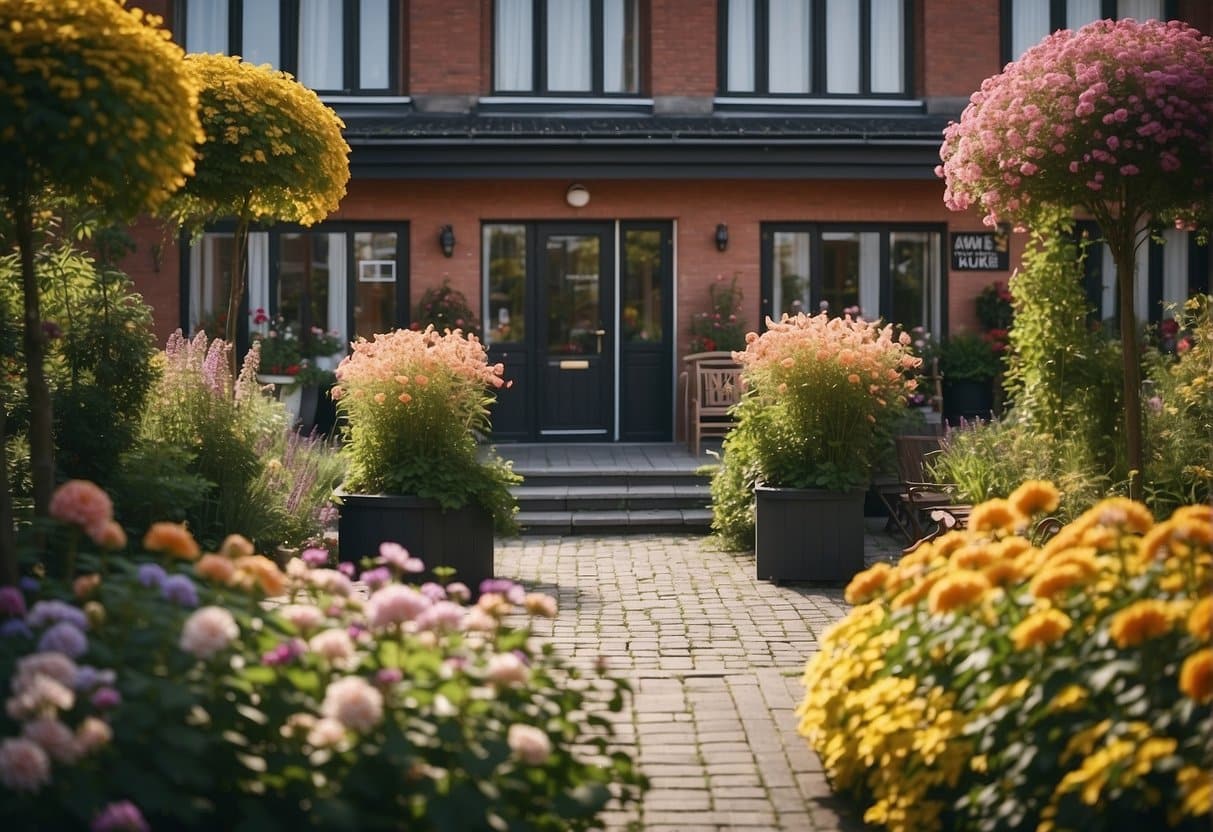 A serene courtyard with lush greenery and modern architecture, a sign reading "Specialiseret Pleje Bedste Plejehjem i København" stands prominently at the entrance