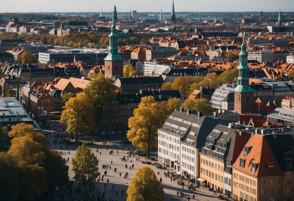 A bustling street in Copenhagen with a prominent sign for "Best HF in Copenhagen" among other educational providers