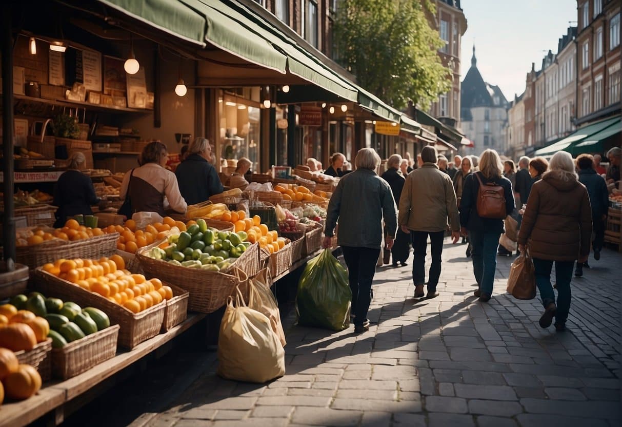 A bustling border market with colorful shops and shoppers carrying bags of goods. Signs advertise "Grænsehandel" and "Bedste Grænsehandel."