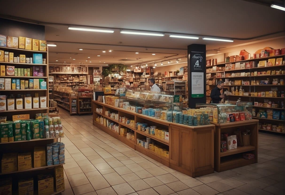 A bustling border shop with colorful signs and a variety of products displayed on shelves. Customers browse the aisles, taking advantage of special offers and services