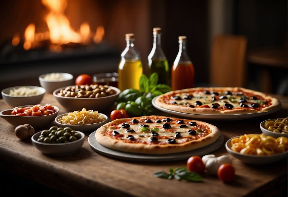 A table with a variety of pizza toppings spread out, including pepperoni, mushrooms, olives, and cheese. A pizza oven in the background