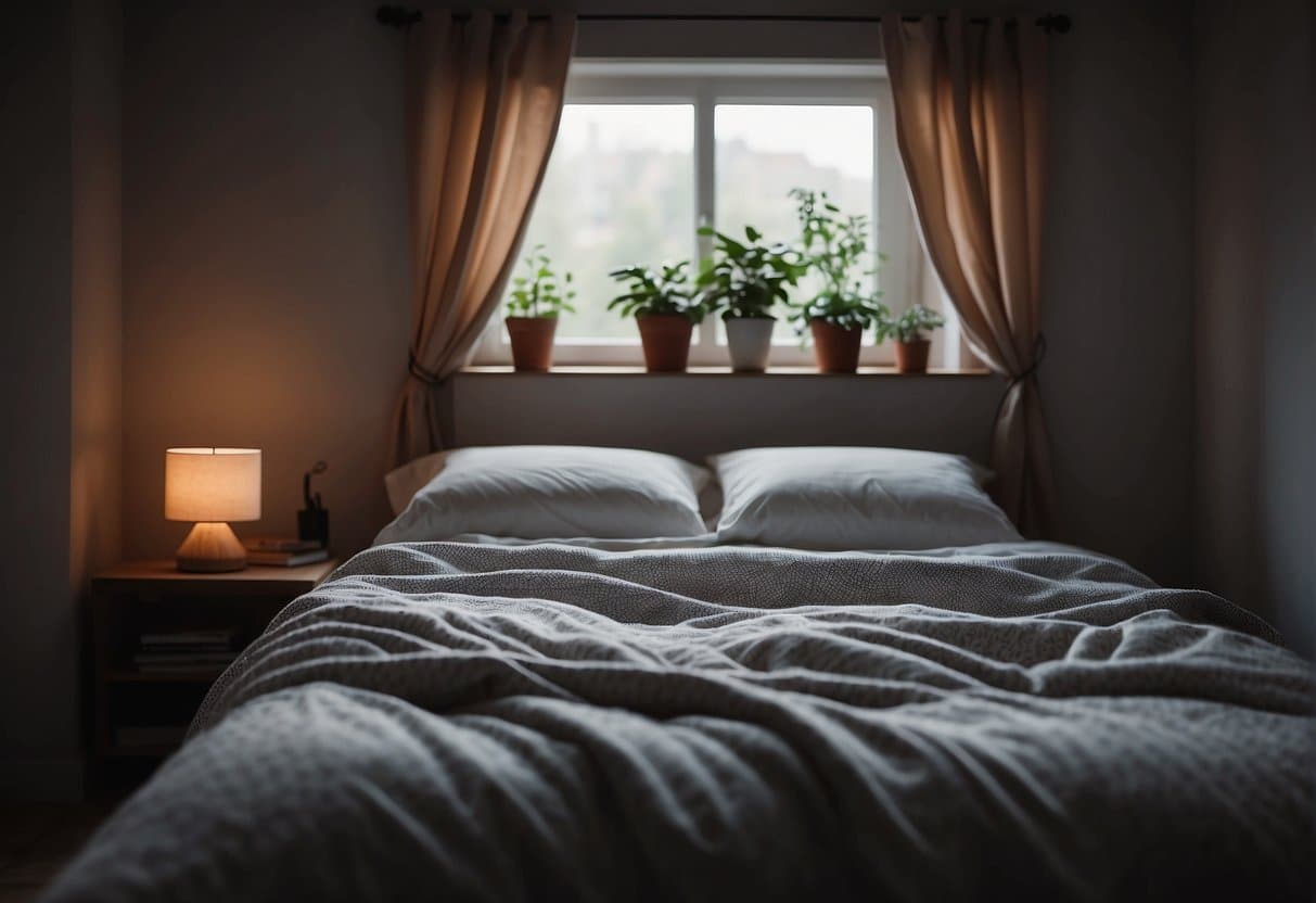 A cozy bedroom with a comfortable bed and a window cracked open to let in fresh air. The room is dimly lit with soft, warm lighting creating a peaceful and relaxing atmosphere