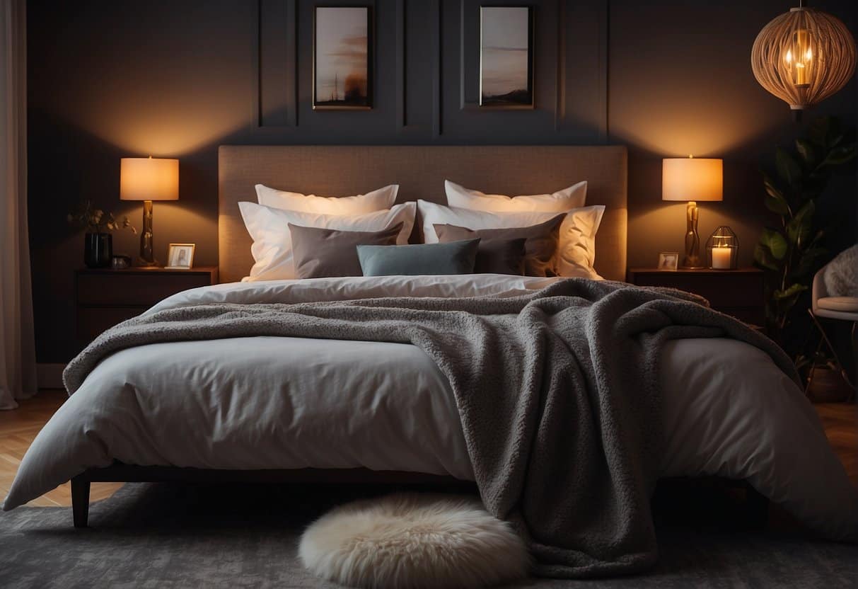 A cozy bedroom with a warm, inviting atmosphere. A comfortable bed with soft, fluffy pillows and a warm blanket. The room is dimly lit, creating a peaceful and relaxing environment