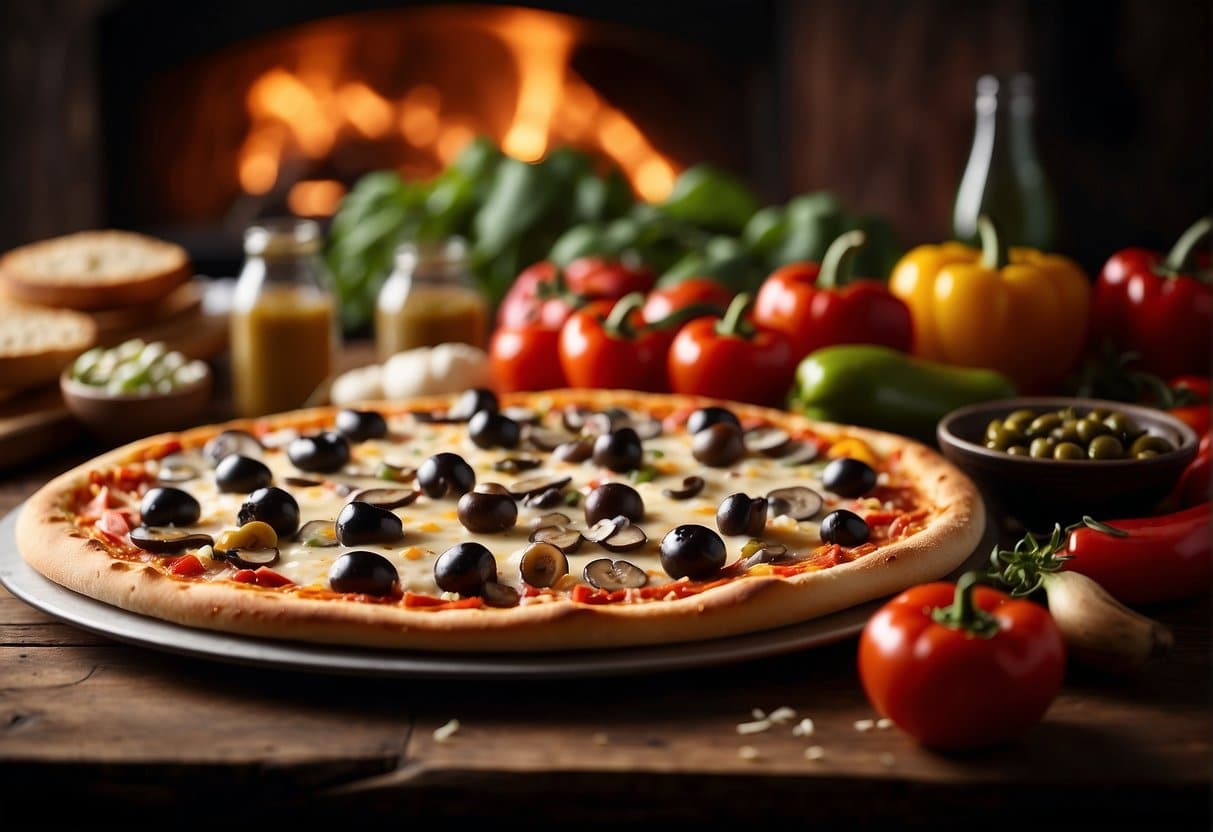 A table adorned with various pizza toppings: pepperoni, mushrooms, olives, peppers, and cheese. A pizza oven in the background