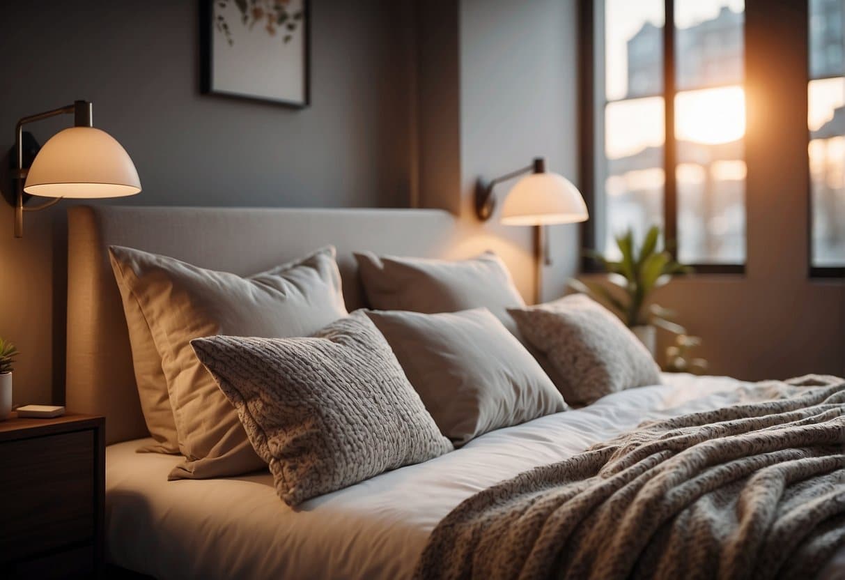 A cozy bedroom with a warm, inviting atmosphere. Soft, neutral colors and comfortable bedding. A thermostat set to the perfect sleeping temperature