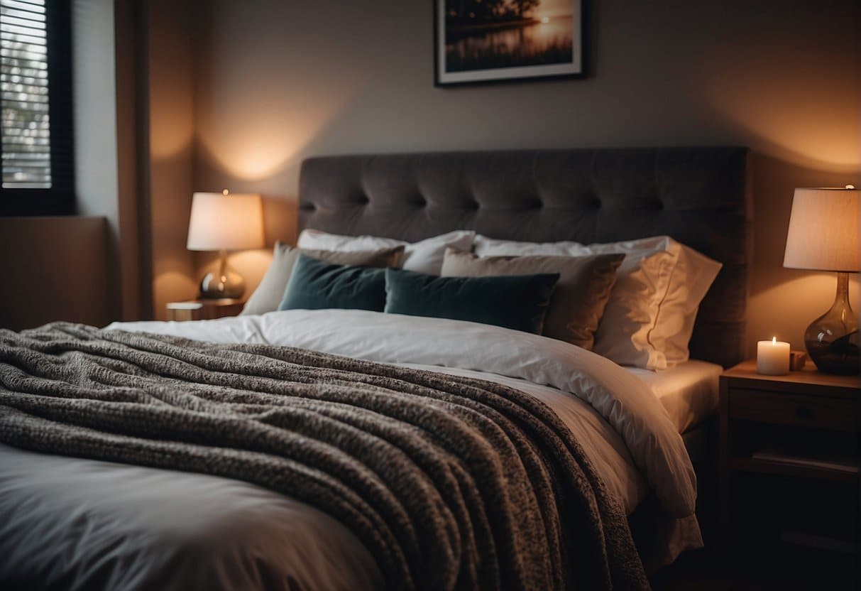 A cozy bedroom with a warm, dimly lit atmosphere. The room is adorned with soft blankets and pillows, creating a sense of comfort and relaxation