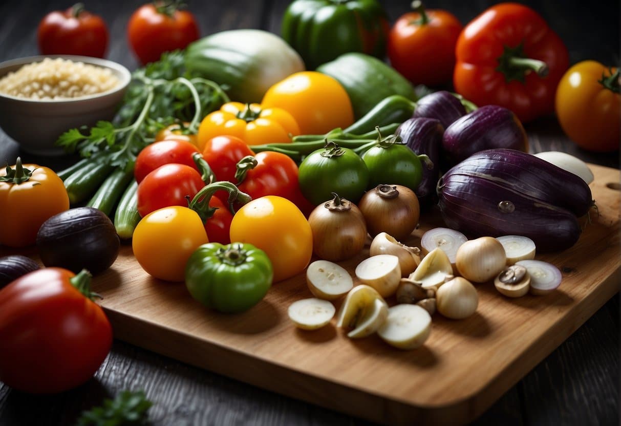 A variety of colorful and fresh vegetables are spread out on a wooden cutting board, including sliced tomatoes, bell peppers, mushrooms, onions, and olives