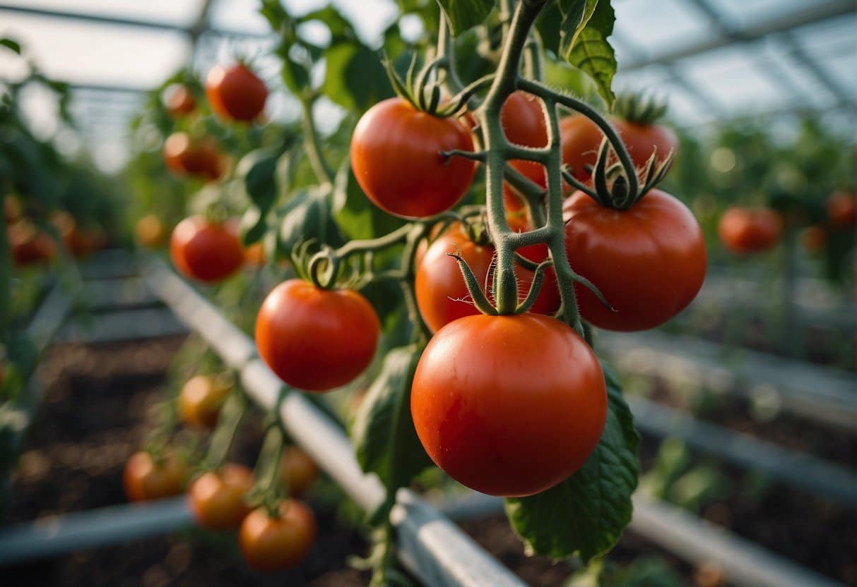 A fall scene of ripe tomatoes being harvested and processed in a greenhouse