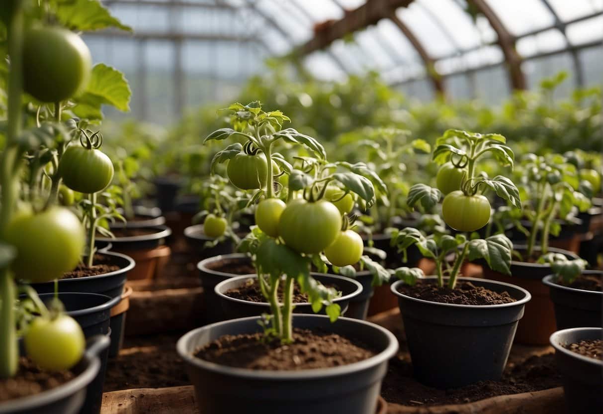 Lush green tomato plants being carefully tended to in a greenhouse, with pots, soil, and gardening tools neatly arranged nearby