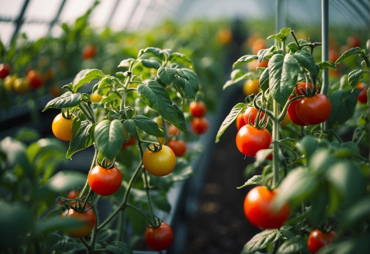 Lush tomato plants being carefully tended in a greenhouse. Vibrant, healthy foliage and ripening fruit