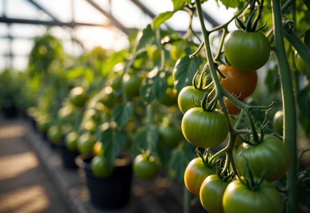 Lush green tomato plants thrive in a well-maintained greenhouse, with ripe, plump tomatoes hanging from the vines. The sunlight filters through the glass, casting a warm glow over the thriving crop