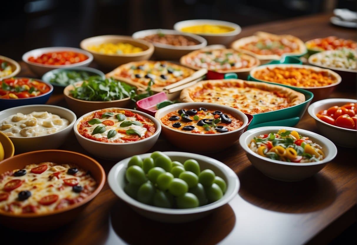 A table with a variety of fresh pizza toppings arranged neatly in colorful bowls