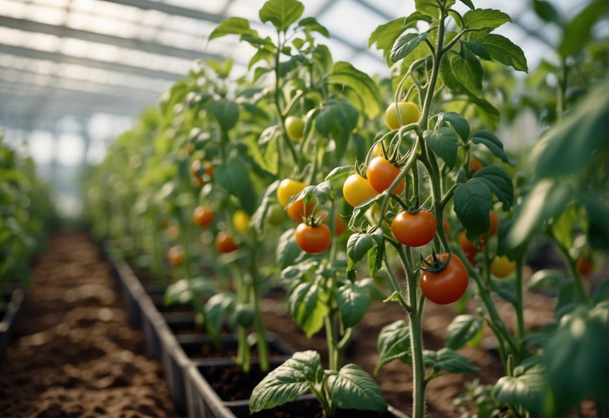 Lush tomato plants thrive in a sun-drenched greenhouse, surrounded by rich soil and carefully controlled climate conditions